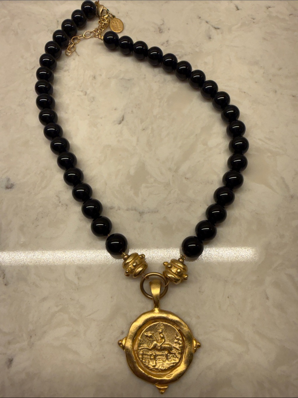 Black Bead Necklace with Gold Medallion Pendant